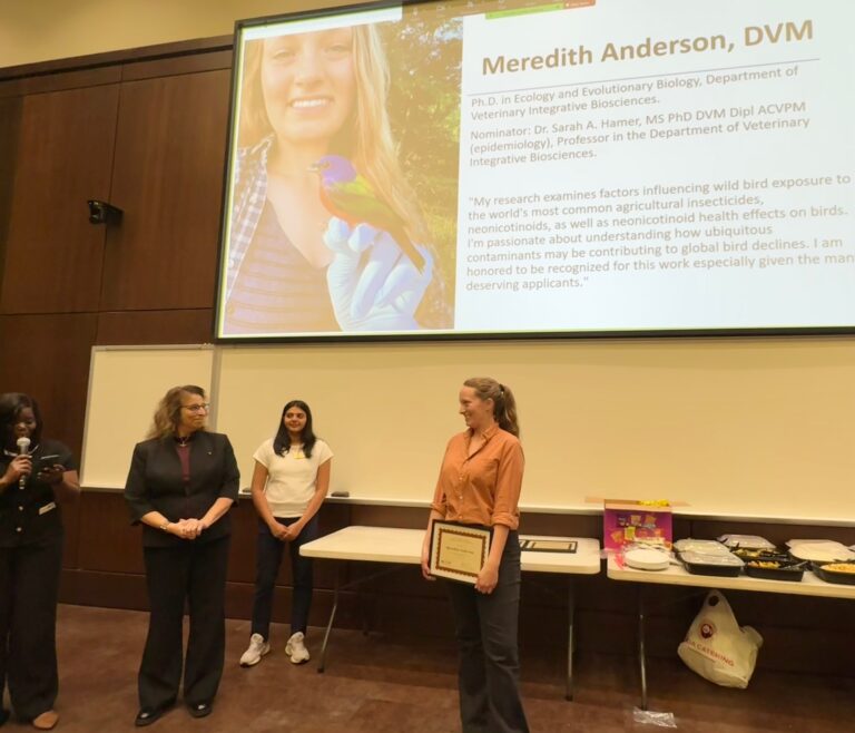 Meredith receives a certificate from WISE leadership under a screen showing her photo and bio at a ceremony in December 2025